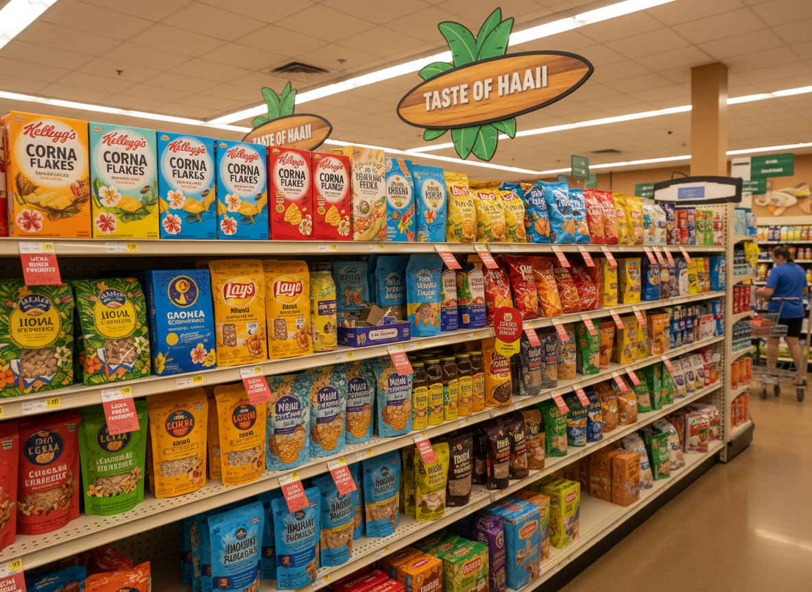 Hawaii retail store shelves featuring local brands